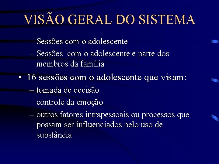VISÃO GERAL DO SISTEMA – Sessões com o adolescente e parte dos membros da VISÃO GERAL DO SISTEMA – Sessões com o adolescente e parte dos membros da