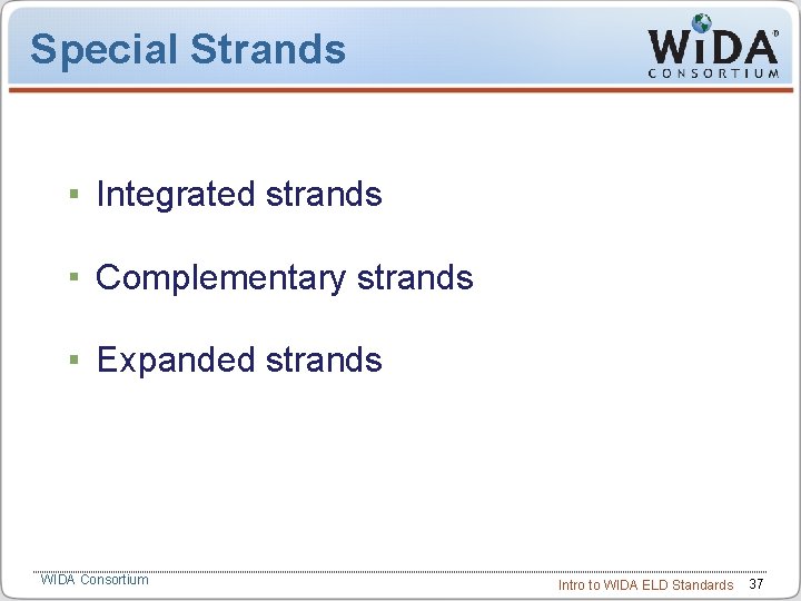 Special Strands Integrated strands Complementary strands Expanded strands WIDA Consortium Intro to WIDA ELD