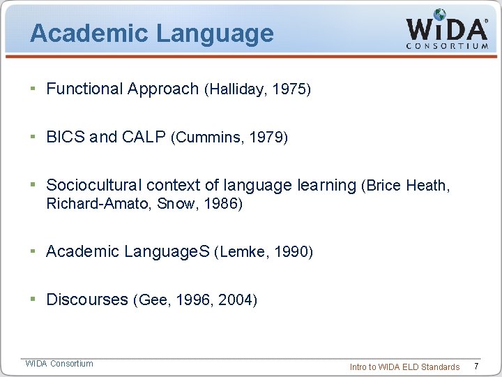 Academic Language Functional Approach (Halliday, 1975) BICS and CALP (Cummins, 1979) Sociocultural context of