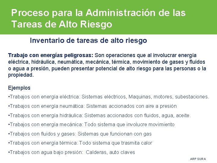 Proceso para la Administración de las Tareas de Alto Riesgo Inventario de tareas de