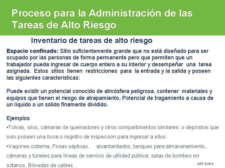 Proceso para la Administración de las Tareas de Alto Riesgo Inventario de tareas de