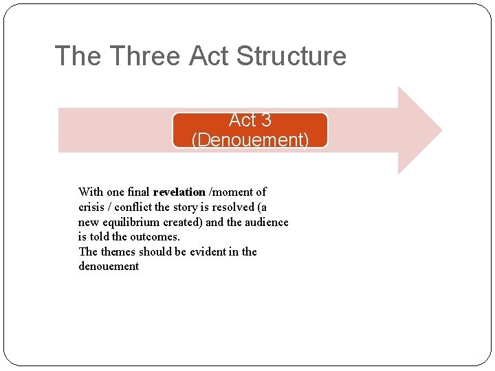 The Three Act Structure Act 3 (Denouement) With one final revelation /moment of crisis