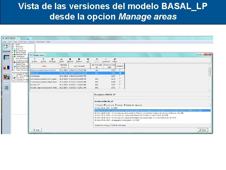 Vista de las versiones del modelo BASAL_LP desde la opcion Manage areas 
