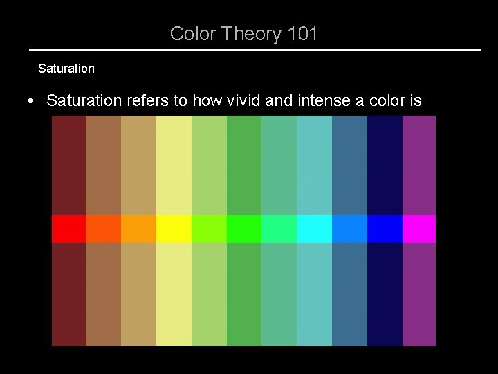 Color Theory 101 Saturation • Saturation refers to how vivid and intense a color