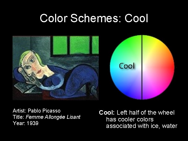 Color Schemes: Cool Artist: Pablo Picasso Title: Femme Allongée Lisant Year: 1939 Cool: Left