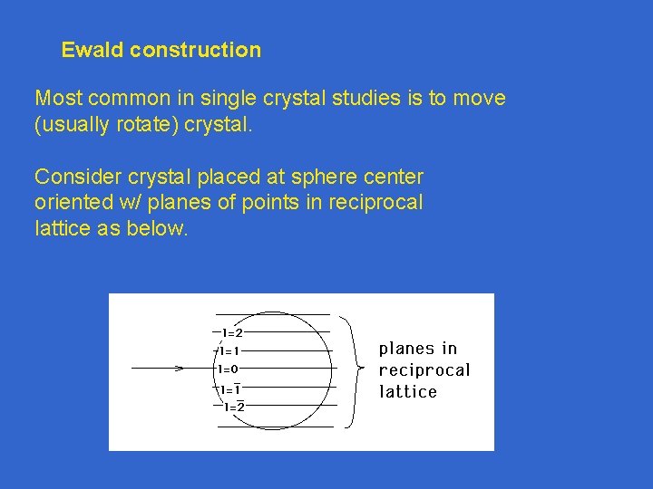 Ewald construction Most common in single crystal studies is to move (usually rotate) crystal.