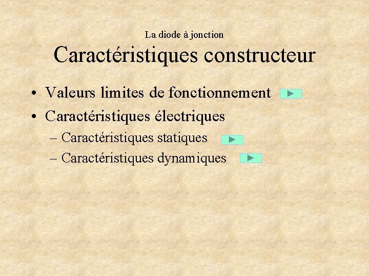 La diode à jonction Caractéristiques constructeur • Valeurs limites de fonctionnement • Caractéristiques électriques