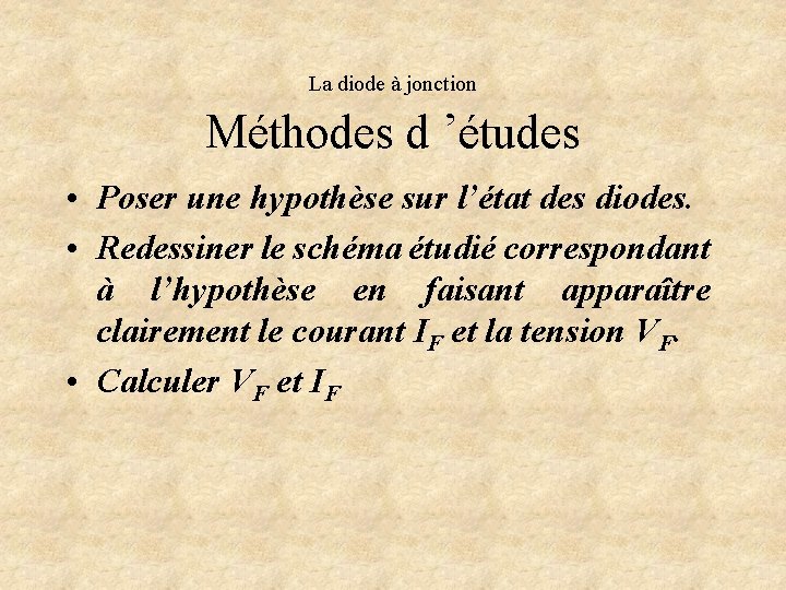  Méthodes d ’études La diode à jonction • Poser une hypothèse sur l’état