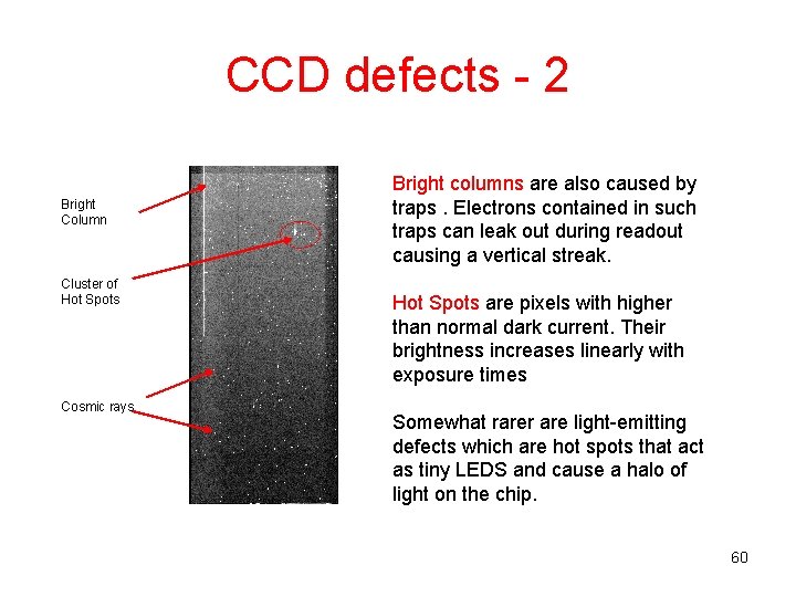 CCD defects - 2 Bright Column Cluster of Hot Spots Cosmic rays Bright columns