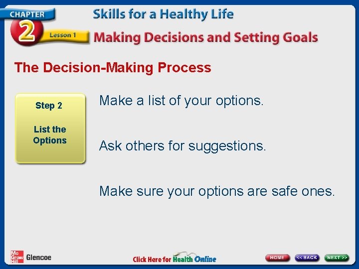 The Decision-Making Process Step 2 List the Options Make a list of your options.