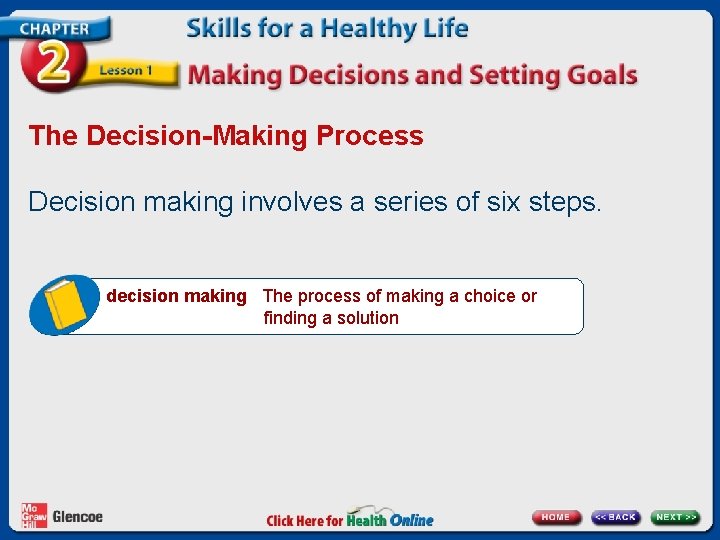 The Decision-Making Process Decision making involves a series of six steps. decision making The