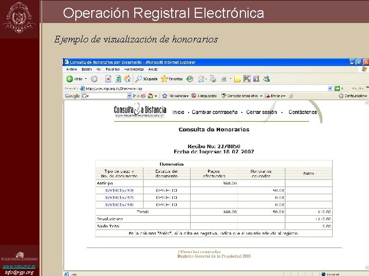 Operación Registral Electrónica Ejemplo de visualización de honorarios www. rgp. org. gt info@rgp. org