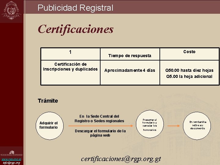 Publicidad Registral Certificaciones 1 Tiempo de respuesta Certificación de Inscripciones y duplicados Aproximadamente 4