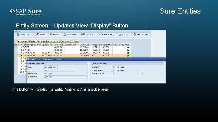 Sure Entities Entity Screen – Updates View “Display” Button This button will display the