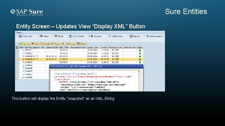 Sure Entities Entity Screen – Updates View “Display XML” Button This button will display