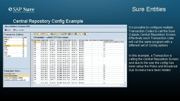 Sure Entities Central Repository Config Example It is possible to configure multiple Transaction Codes