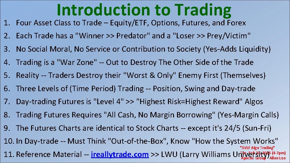 Introduction to Trading 1. Four Asset Class to Trade – Equity/ETF, Options, Futures, and Introduction to Trading 1. Four Asset Class to Trade – Equity/ETF, Options, Futures, and