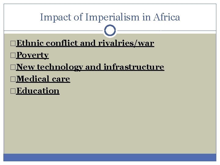 Impact of Imperialism in Africa �Ethnic conflict and rivalries/war �Poverty �New technology and infrastructure