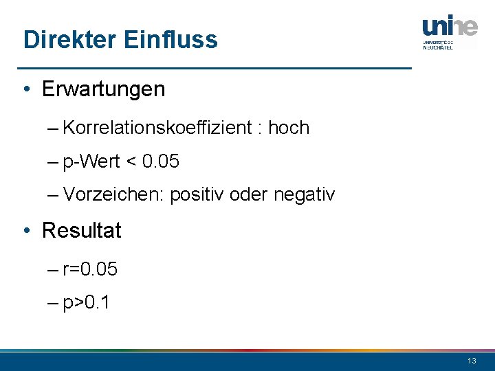 Direkter Einfluss • Erwartungen – Korrelationskoeffizient : hoch – p-Wert < 0. 05 –