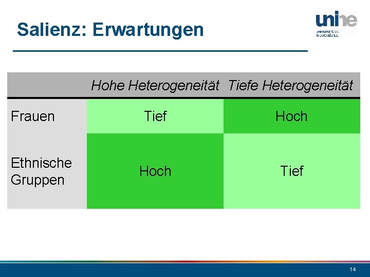 Salienz: Erwartungen Hohe Heterogeneität Tiefe Heterogeneität Frauen Ethnische Gruppen Tief Hoch Tief 14 