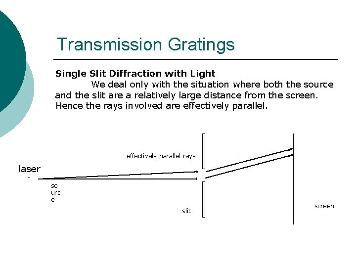 Transmission Gratings Single Slit Diffraction with Light We deal only with the situation where Transmission Gratings Single Slit Diffraction with Light We deal only with the situation where