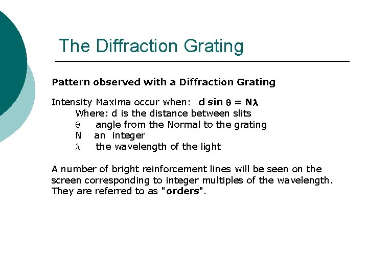 The Diffraction Grating Pattern observed with a Diffraction Grating Intensity Maxima occur when: d The Diffraction Grating Pattern observed with a Diffraction Grating Intensity Maxima occur when: d