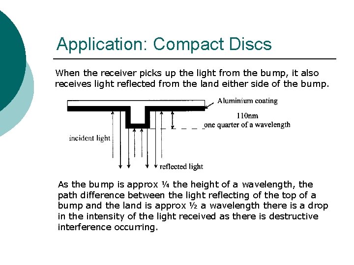 Application: Compact Discs When the receiver picks up the light from the bump, it Application: Compact Discs When the receiver picks up the light from the bump, it