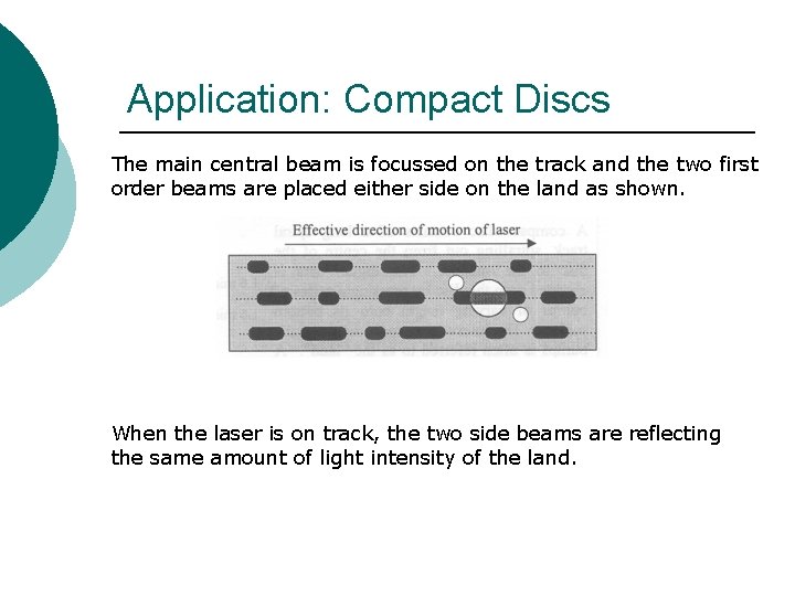 Application: Compact Discs The main central beam is focussed on the track and the Application: Compact Discs The main central beam is focussed on the track and the