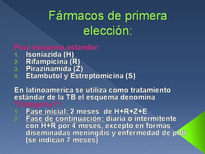 Fármacos de primera elección: Para esquema estandar: 1. Isoniazida (H) 2. Rifampicina (R) 3.