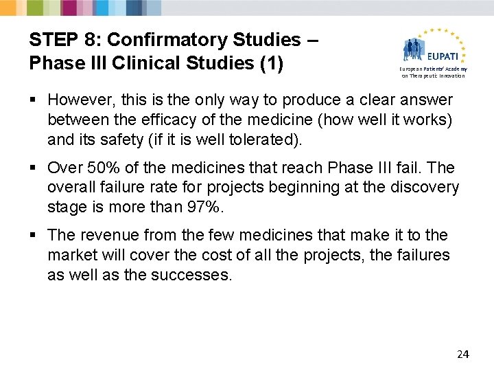 STEP 8: Confirmatory Studies – Phase III Clinical Studies (1) European Patients’ Academy on