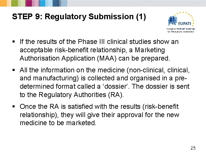 STEP 9: Regulatory Submission (1) European Patients’ Academy on Therapeutic Innovation § If the