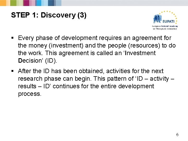 STEP 1: Discovery (3) European Patients’ Academy on Therapeutic Innovation § Every phase of