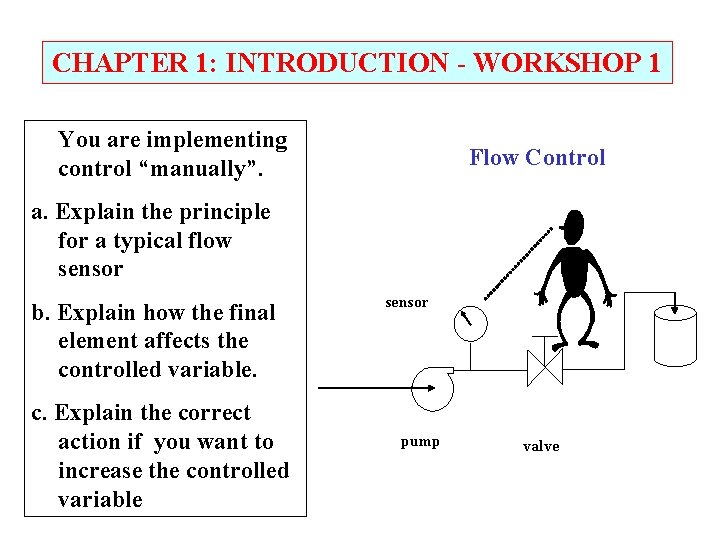 CHAPTER 1: INTRODUCTION - WORKSHOP 1 You are implementing control “manually”. Flow Control a.