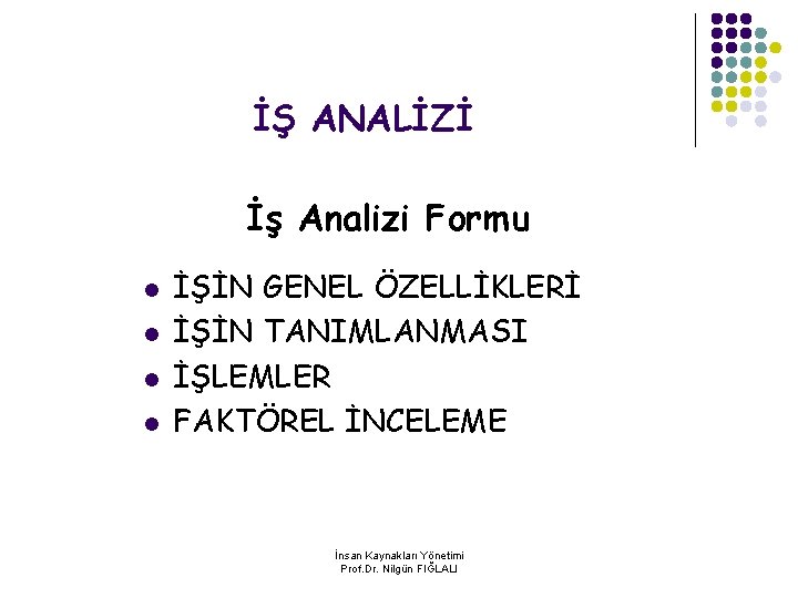 İŞ ANALİZİ İş Analizi Formu l l İŞİN GENEL ÖZELLİKLERİ İŞİN TANIMLANMASI İŞLEMLER FAKTÖREL