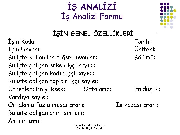 İŞ ANALİZİ İş Analizi Formu İŞİN GENEL ÖZELLİKLERİ İşin Kodu: Tarih: İşin Unvanı: Ünitesi: