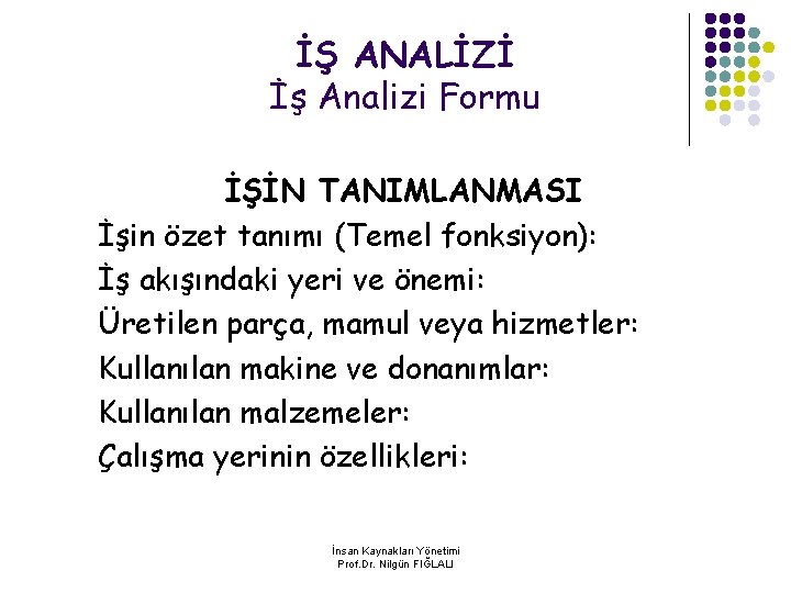 İŞ ANALİZİ İş Analizi Formu İŞİN TANIMLANMASI İşin özet tanımı (Temel fonksiyon): İş akışındaki