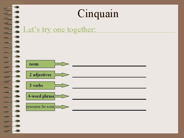 Cinquain Let’s try one together: noun 2 adjectives 3 verbs 4 -word phrase synonym
