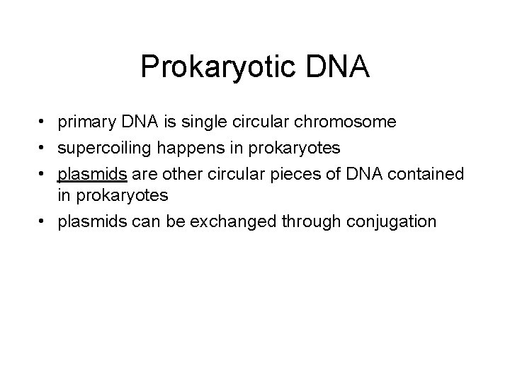 Prokaryotic DNA • primary DNA is single circular chromosome • supercoiling happens in prokaryotes