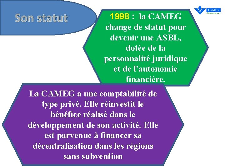 Son statut 1998 : la CAMEG change de statut pour devenir une ASBL, dotée