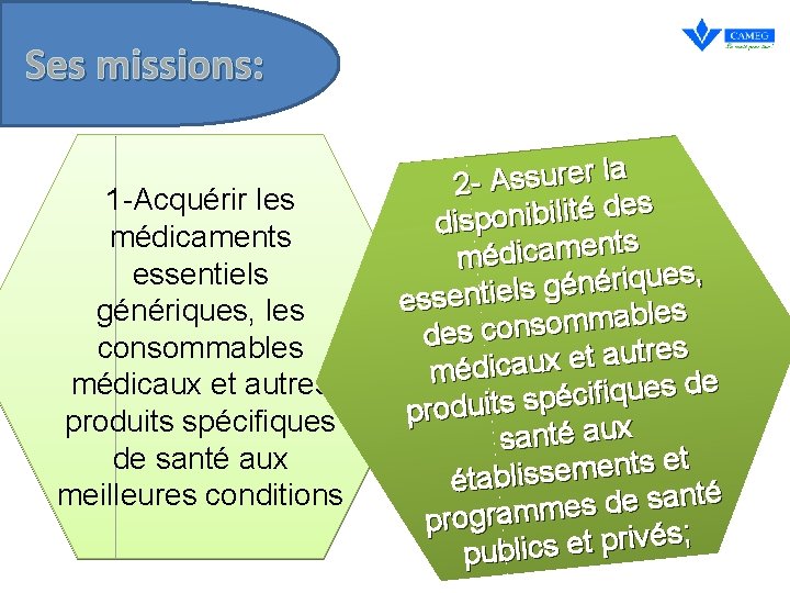 Ses missions: 1 -Acquérir les médicaments essentiels génériques, les consommables médicaux et autres produits