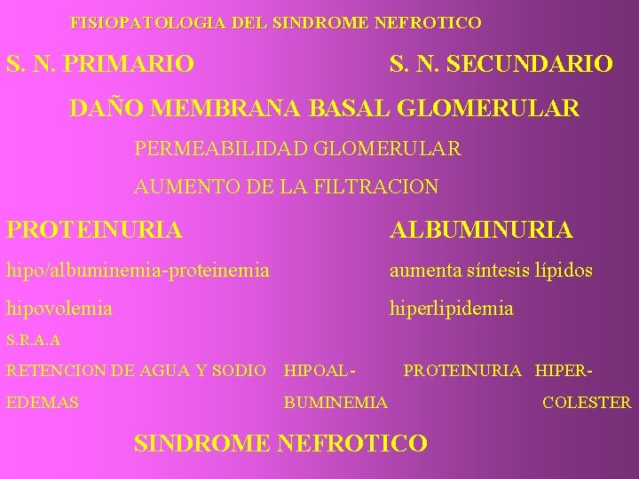 FISIOPATOLOGIA DEL SINDROME NEFROTICO S. N. PRIMARIO S. N. SECUNDARIO DAÑO MEMBRANA BASAL GLOMERULAR