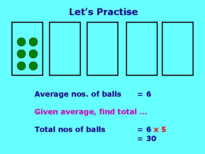 Let’s Practise Average nos. of balls =6 Given average, find total … Total nos