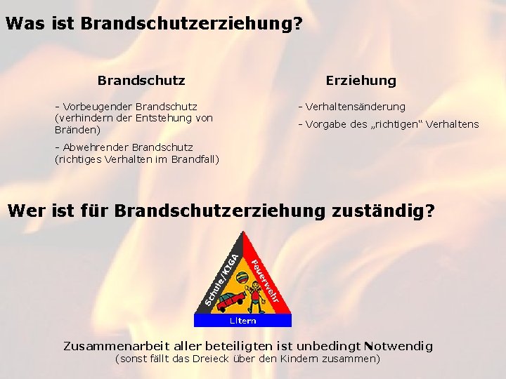 Was ist Brandschutzerziehung? Brandschutz - Vorbeugender Brandschutz (verhindern der Entstehung von Bränden) Erziehung -