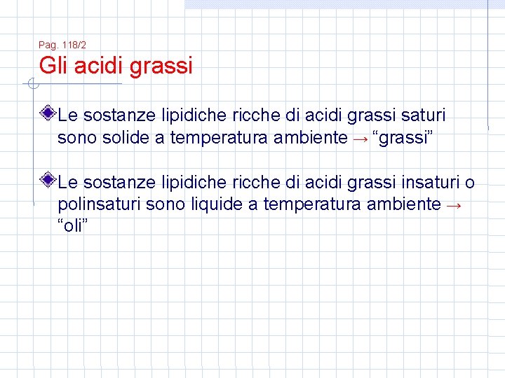 Pag. 118/2 Gli acidi grassi Le sostanze lipidiche ricche di acidi grassi saturi sono