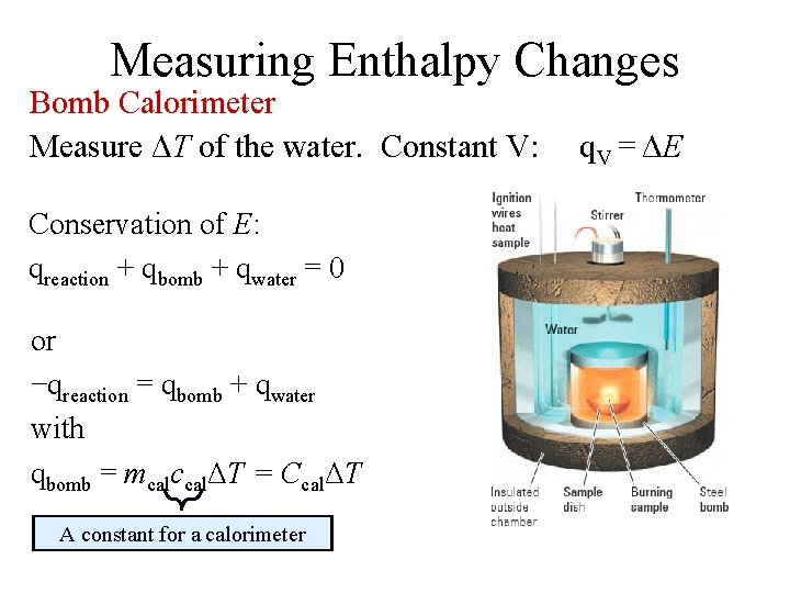 Measuring Enthalpy Changes Bomb Calorimeter Measure ΔT of the water. Constant V: Conservation of