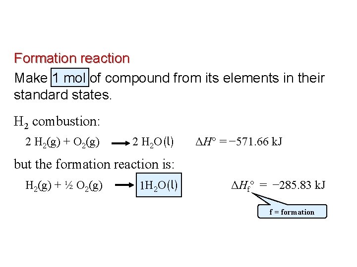 Formation reaction Make 1 mol of compound from its elements in their standard states.