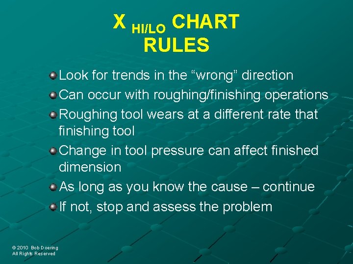 X HI/LO CHART RULES Look for trends in the “wrong” direction Can occur with