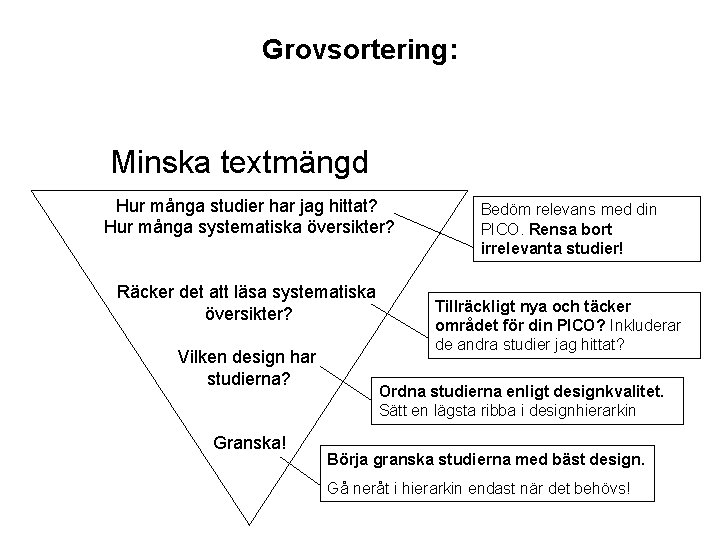 Grovsortering: Minska textmängd Hur många studier har jag hittat? Hur många systematiska översikter? Räcker