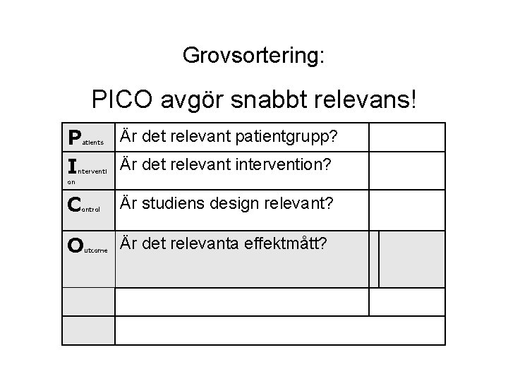 Grovsortering: PICO avgör snabbt relevans! P I atients nterventi Är det relevant patientgrupp? Är