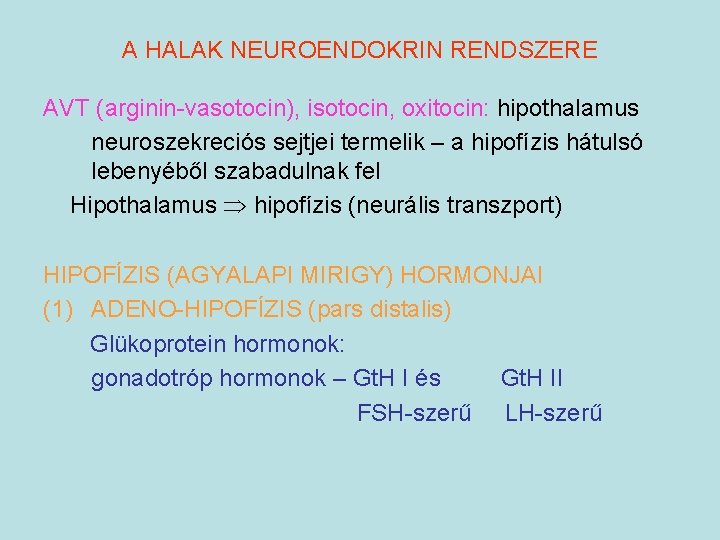 A HALAK NEUROENDOKRIN RENDSZERE AVT (arginin-vasotocin), isotocin, oxitocin: hipothalamus neuroszekreciós sejtjei termelik – a